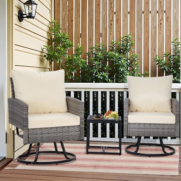 JUSKYS 3-Piece Outdoor Conversation Set Handwoven Dark Gray Rattan Wicker Chairs with Beige Cushions, Tempered Glass Table