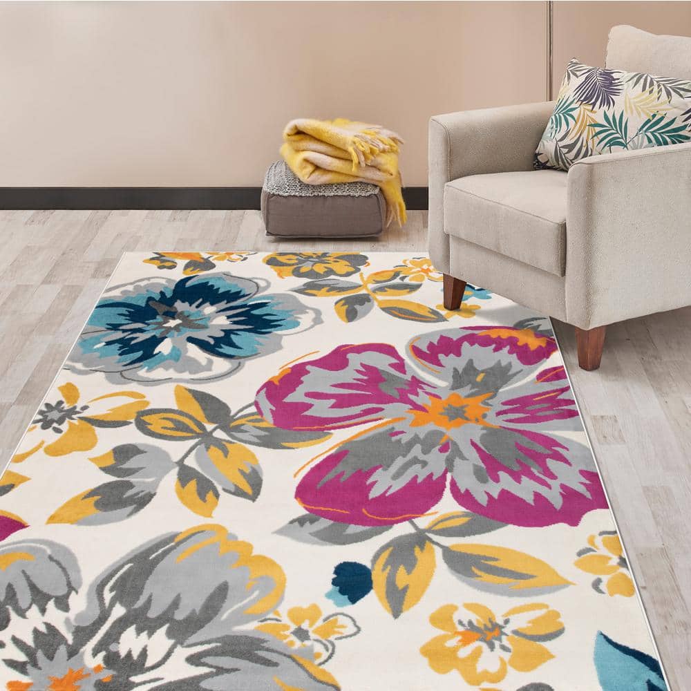 Floral Elegance Multi-Color Synthetic Round Area Rug, 7'6" x 9'5"