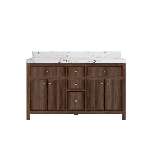 Willow Collections Sonoma Teak 60 in. Double Sink Freestanding Dark Walnut Bath Vanity with Viola Night Qt. Top Unassembled