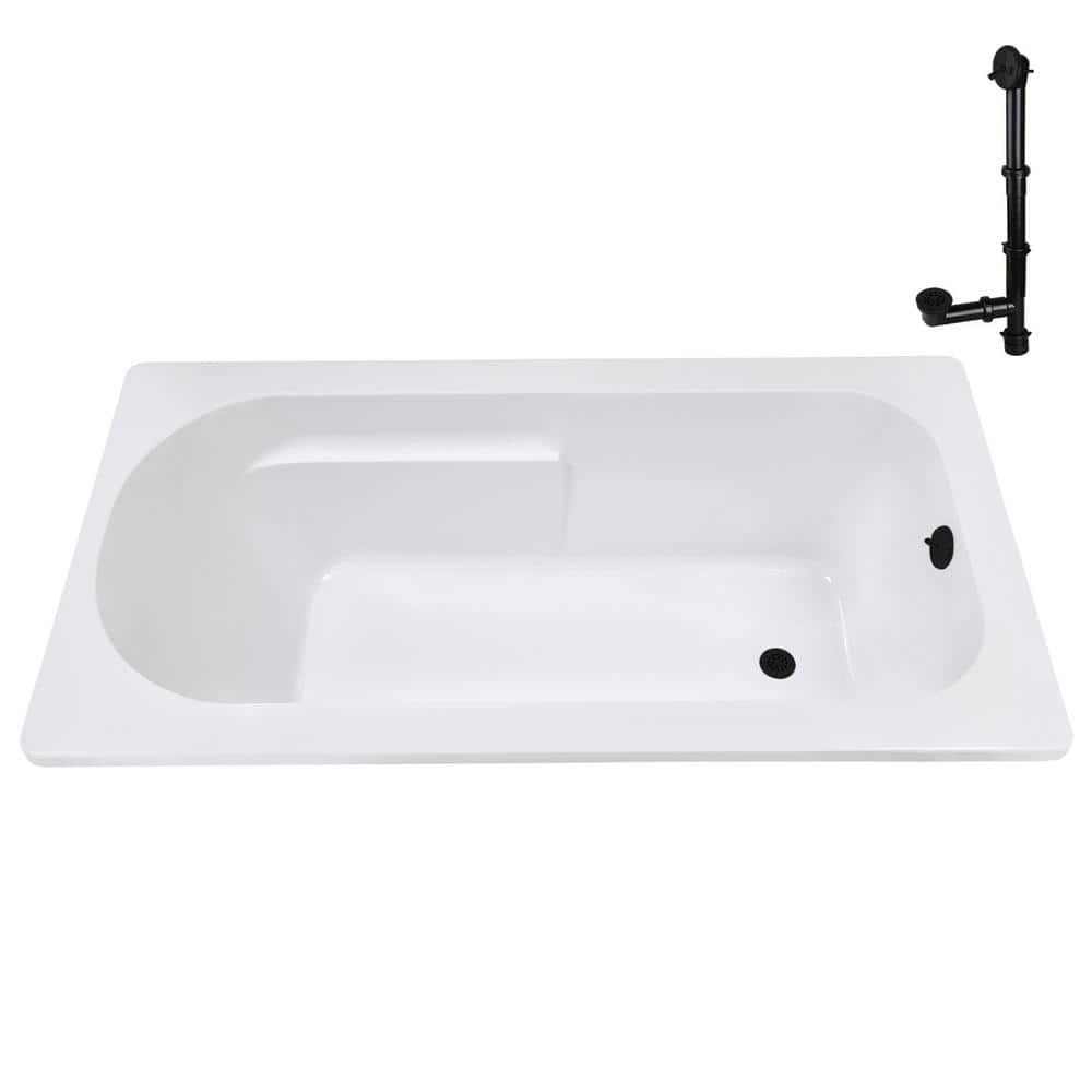 72" x 36" Glossy White Acrylic Drop-In Soaking Bathtub with Matte Black Hardware
