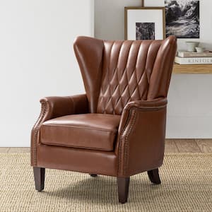 Valerius Brown Genuine Leather Armchair with Nailhead Trims and Solid Wood Legs