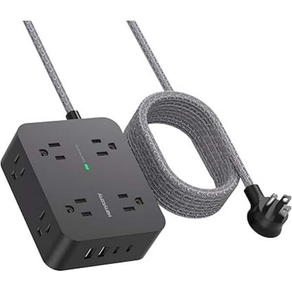 Ahfiwaso 10 ft. Flat Plug Surge Protector Power Strip, Extension Cord with 8 Widely AC Outlets and 4 USB Ports (2 USB-C), Black