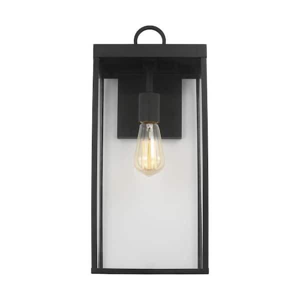 SCOTT LIVING Howell 18.25 in. Textured Black Outdoor Hardwired Wall Lantern Sconce with White/Clear Glass with No Bulb Included