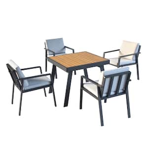 Black 5-Piece Aluminum Patio Outdoor Dining Set with Gray Cushions