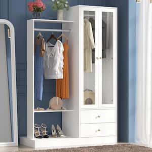 White Wood 48.8 in. W Wardrobe Armoires With Glass Display Doors, 2 Hanging Rods, Drawers, Shoe Rack