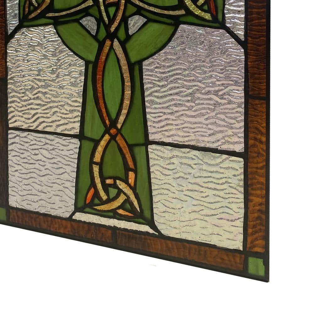 Green and Amber Stained Glass Celtic Cross Window Panel, 18" x 12"