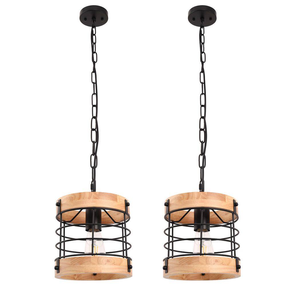 Emeritpro 2-Pack 1-Light Brown Wood Grain Drum Pendant Light with