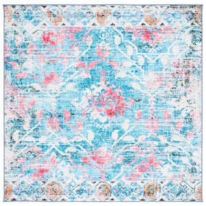 Riviera Light Blue/Pink 7 ft. x 7 ft. Machine Washable Floral Geometric Square Area Rug