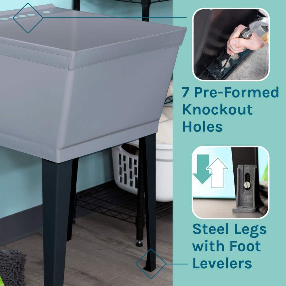 Gray Freestanding Utility Sink with Chrome Faucet and Metal Legs