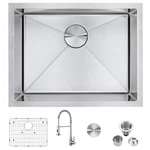 23 in Undermount Single Bowl 18 Gauge Stainless Steel Kitchen Sink with Faucet, Bottom Grid and Strainer