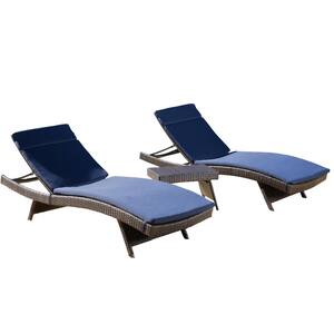 Multi-Brown 3-Piece Faux Rattan Outdoor Chaise Lounge and Table Set with Navy Blue Cushions