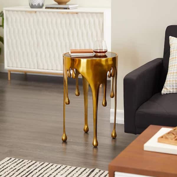16 in. Gold Drip Large Round Glass End Table with Melting Design and Shaded Glass Top