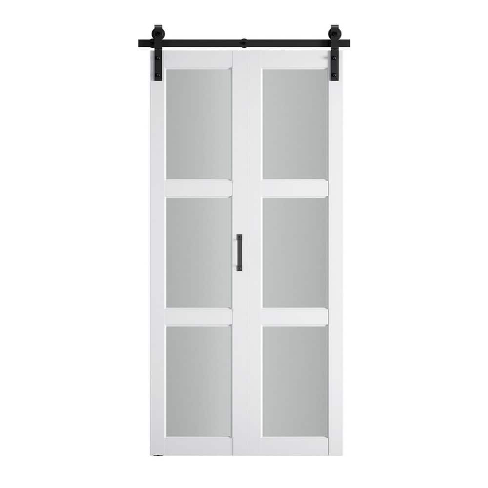 28 in. x 84 in. 3 Lite Frosted Glass White Finished MDF Bi-Fold Sliding Barn Door with Hardware Kit price history on PriceWatchPro