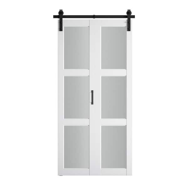 28 in. x 84 in. 3 Lite Frosted Glass White Finished MDF Bi-Fold Sliding Barn Door with Hardware Kit