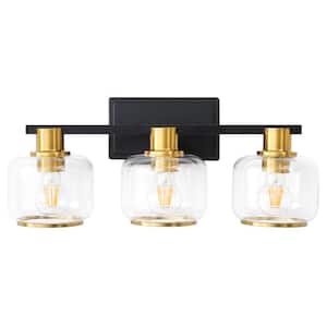 22.4 in. 3 Light Black and Gold Vanity Light with Glass Shade with Metal Ring, Dimmable Sconces Wall Light for Bathroom
