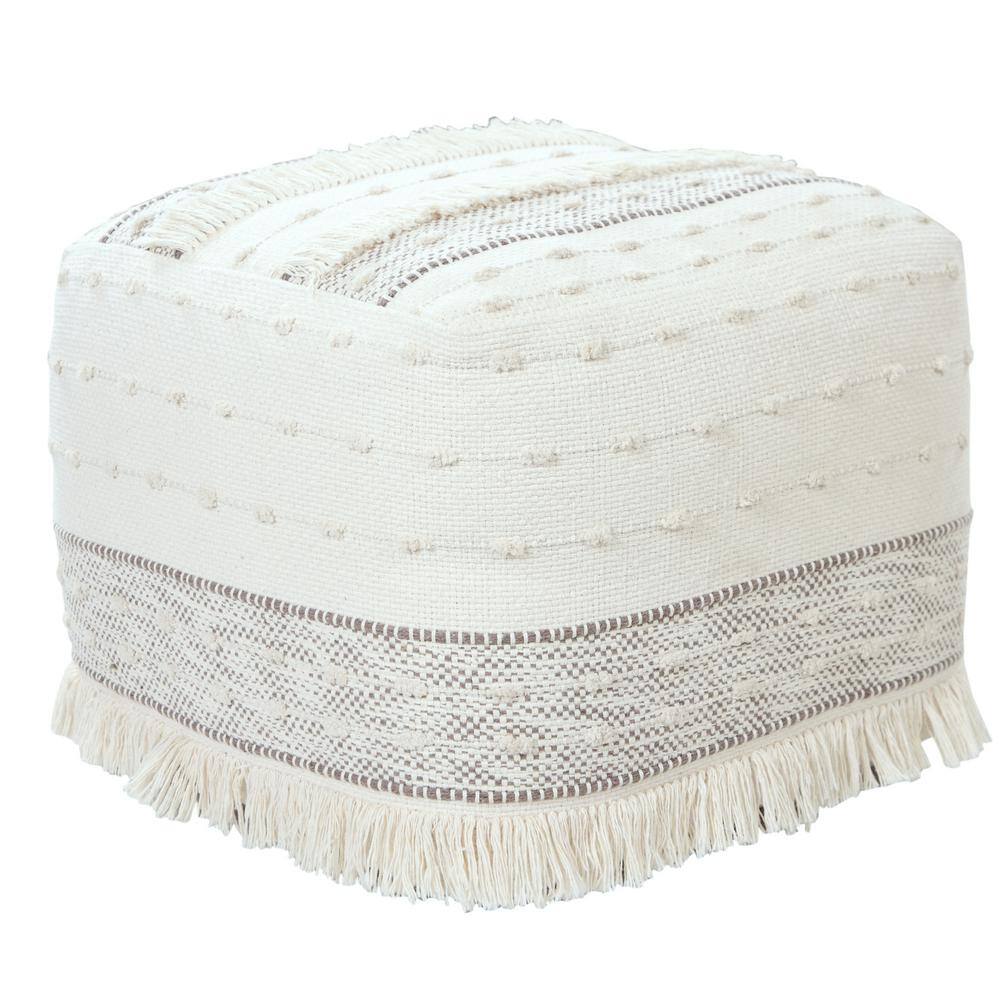 Ivory and Brown Shag Fringe Textured Square Pouf, 18" x 14"