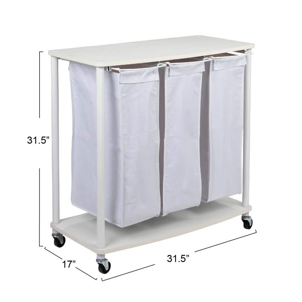 White Steel Frame Collapsible 3-Bag Laundry Sorter with Wheels