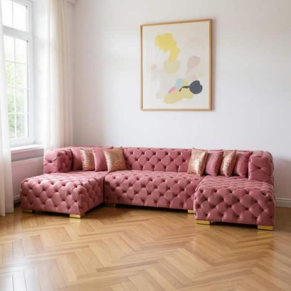 HomeRoots 138.00 in. Track Arm 1 piece Velvet U-Shaped Sectional Sofa in Pink 2000642269