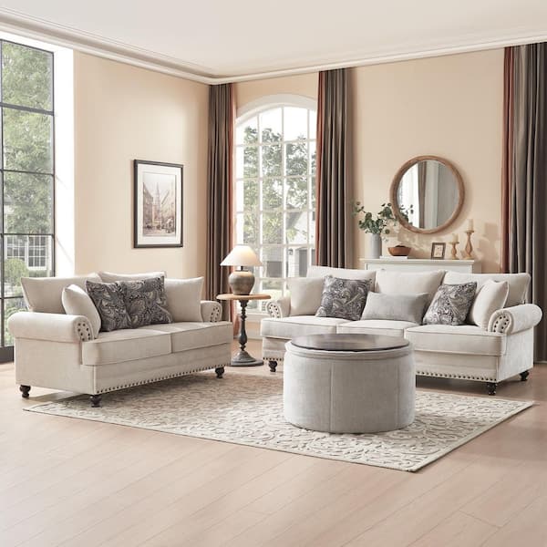 3-Pieces Chesterfield Couch Set Rolled Arm Chenille Beige Sofa Loveseat Living Room Set with Storage Coffee Table