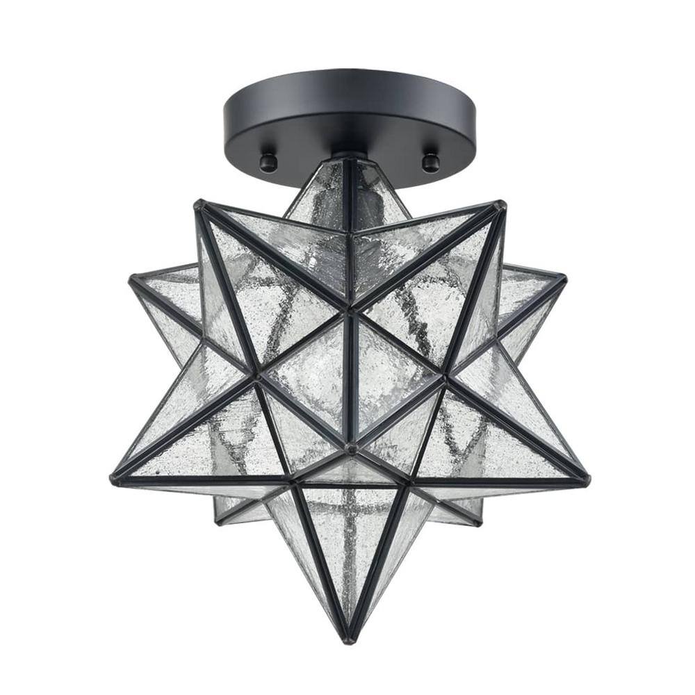 Black Polished Geometric Star Flush Mount Light with Seeded Glass Shade