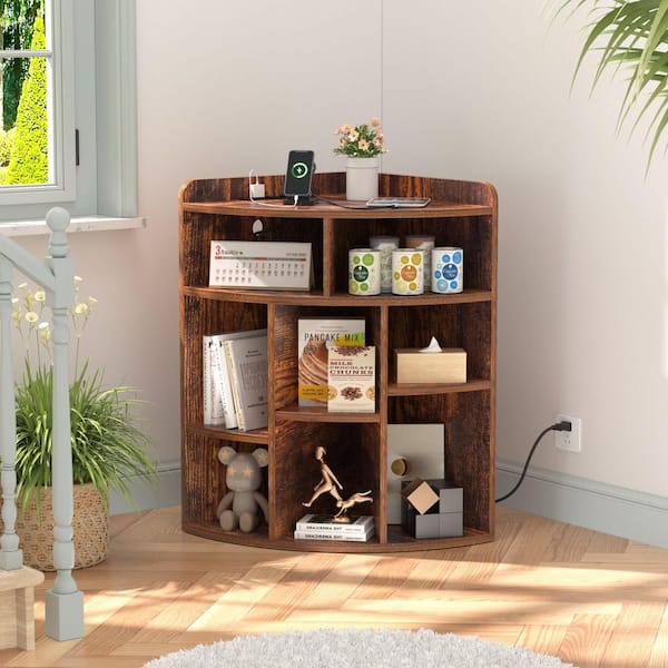 Brown Corner Cabinet with Charging Station, 3-Tier Cube Storage, USB Ports and Outlets, Triangle Bookcase with 8 Cubbies