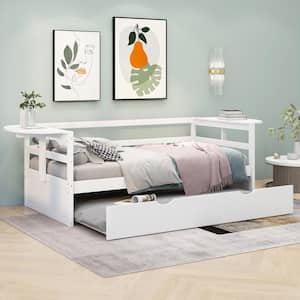 White Twin Size Wood Daybed with Trundle and 2-Foldable Shelves