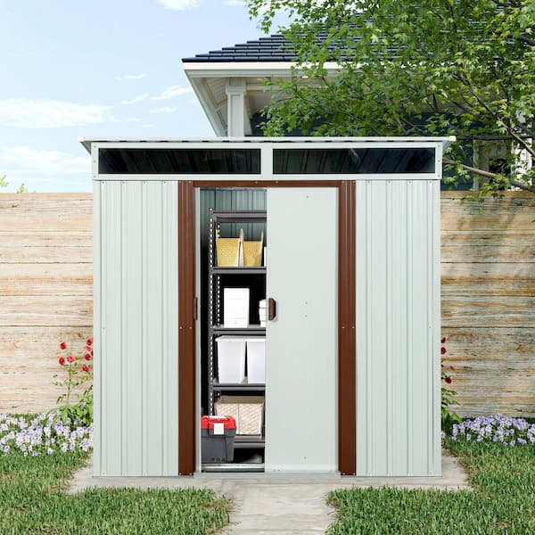Outdoor Storage Shed 6 ft. W x 5 ft. D Metal Shed with Window Foundation and Sliding Door White/Coffee (30 sq. ft.)