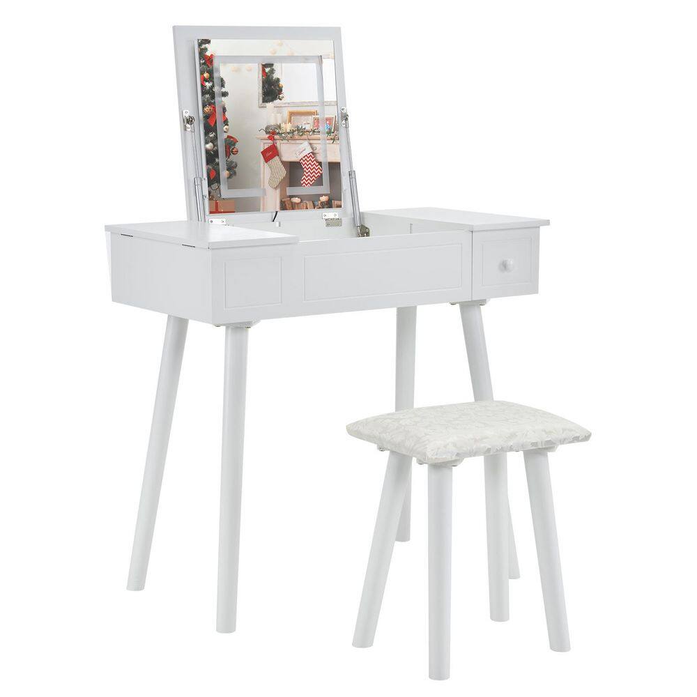 White Makeup Vanity Set with LED Mirror and Flip Top