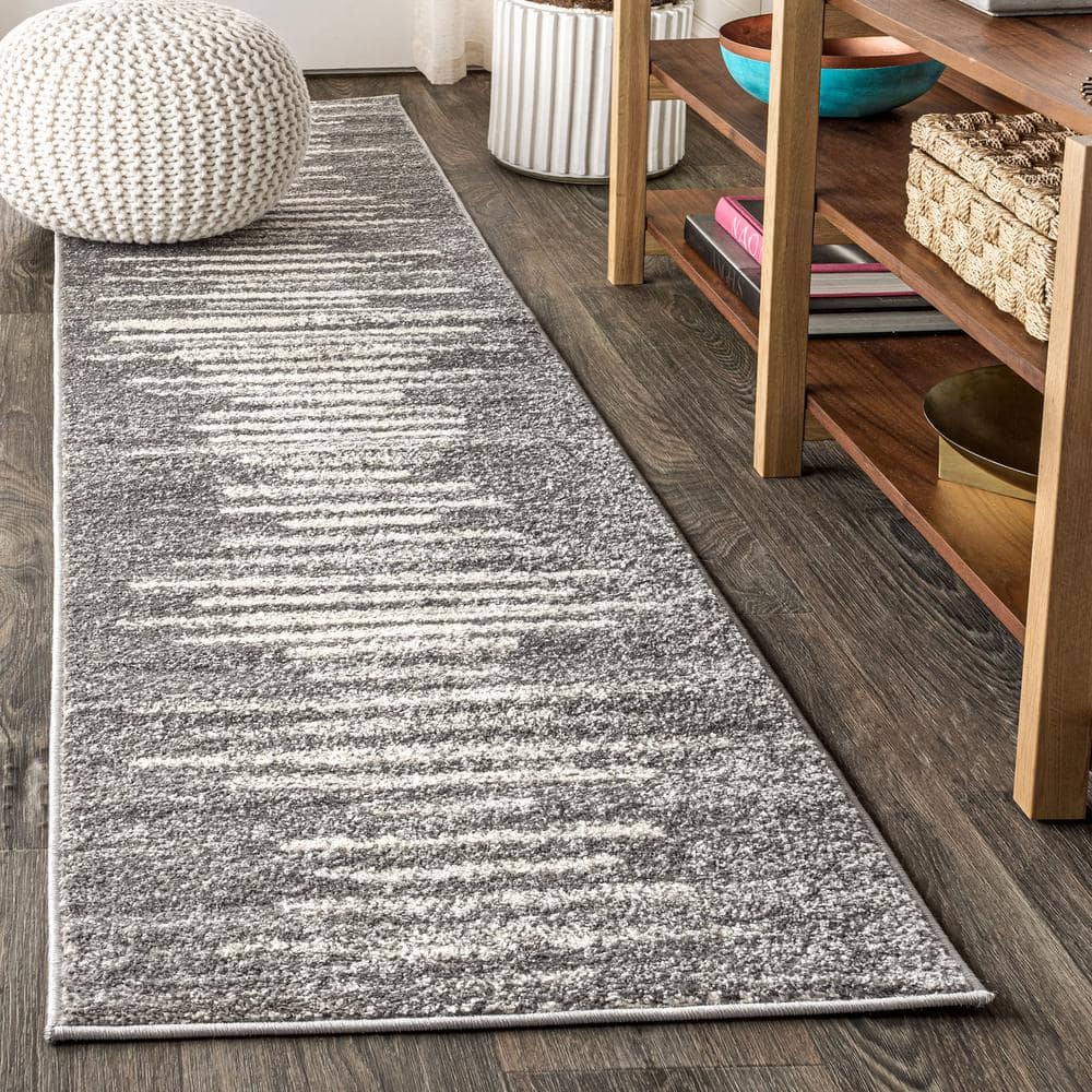 Gray and Ivory Striped Synthetic Runner Rug
