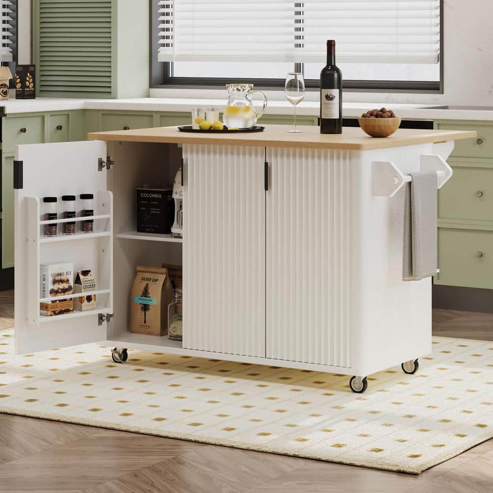 White Wood Top 51.3 in. Fluted Kitchen Island with Drop Leaf, Internal Stor