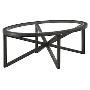 46.46 in. Black Small Oval Solid Wood Base Transparent Glass Top Outdoor Coffee Table