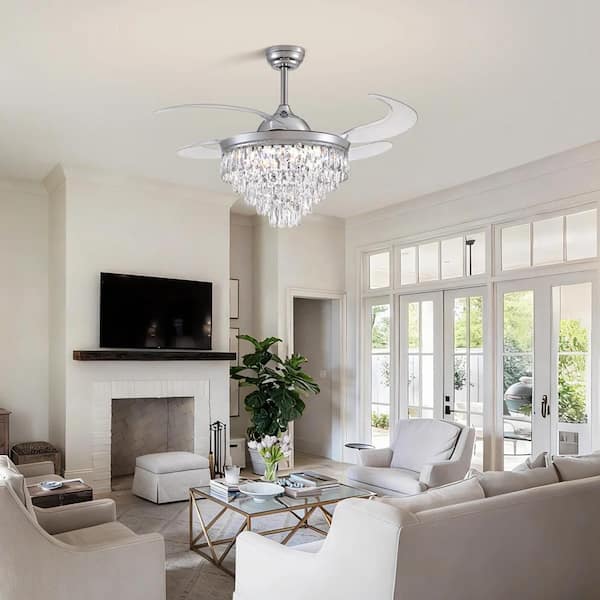 48 in. Modern Indoor Chrome Standard Crystal Ceiling Fan with Light and Remote, Chandelier Ceiling Fan Downrod Mount