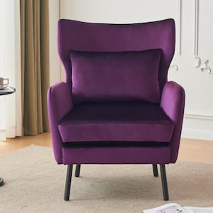 Harta Modern Wingback Upholstered Velvet Club Chair with Metal Legs and Pillow, Purple