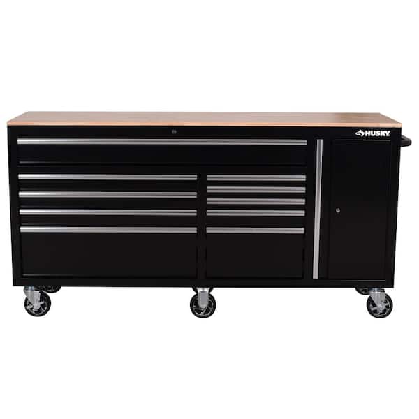 Husky - Standard Duty 72 in. W x 20 in. D 10-Drawer Black Mobile Workbench Cabinet with Solid Wood Top