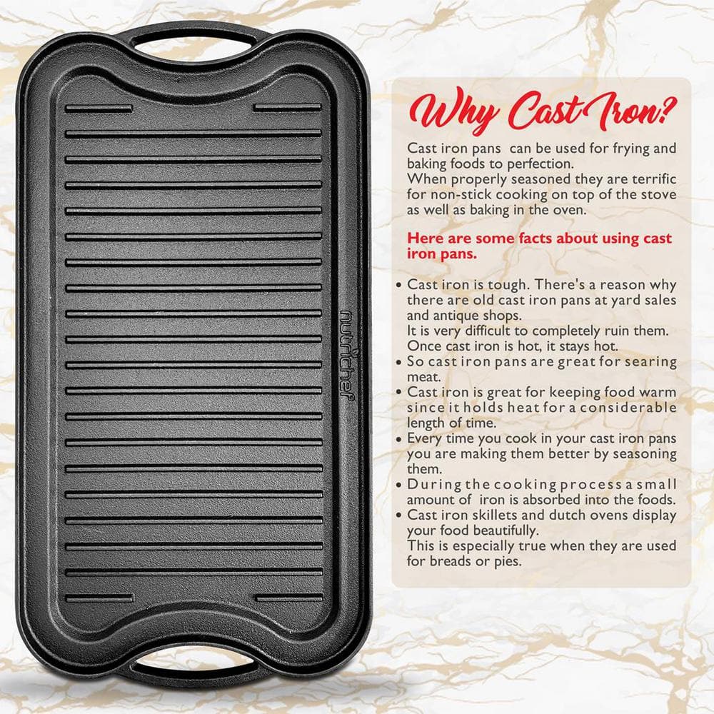 NutriChef Reversible Cast Iron Griddle with Scraper, 21.65"