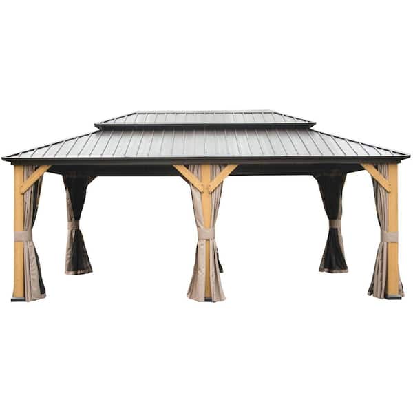ToolCat 12 ft. x 20 ft. Brown Aluminum Double Galvanized Steel Roof Gazebo with Ceiling Hook, Mosquito Netting and Curtains