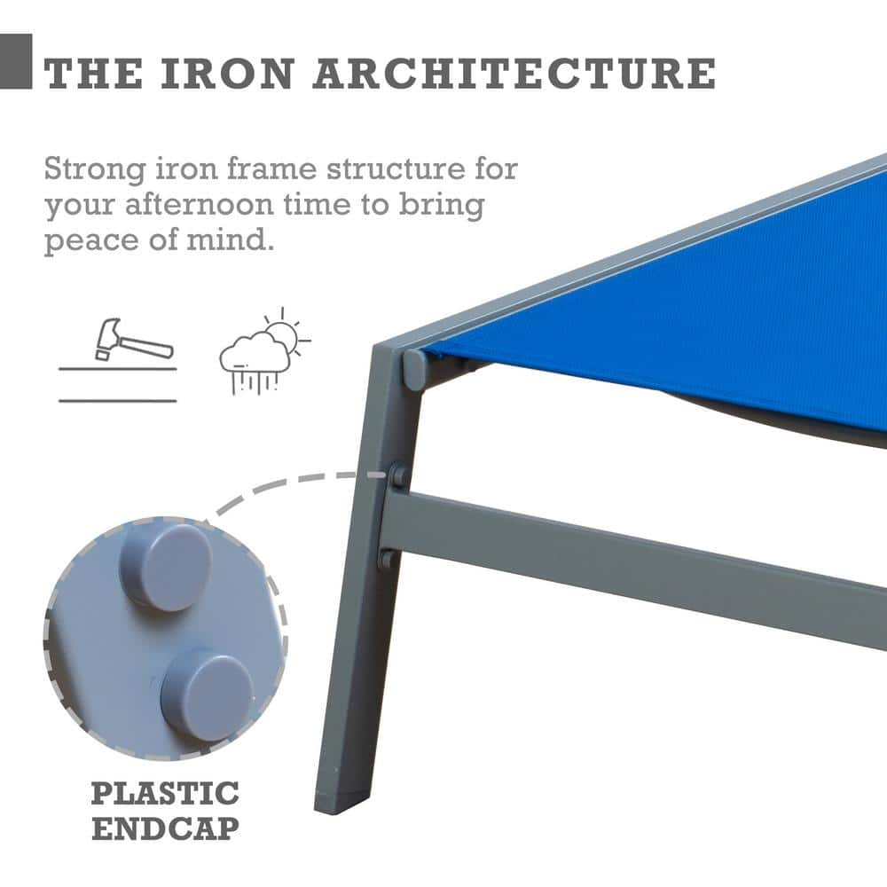 Blue Adjustable Wrought Iron Outdoor Chaise Lounge Set with Table