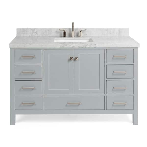 Cambridge 55 in. W x 22 in. D x 36 in. H Bath Vanity in Grey with Carrara White Marble Top