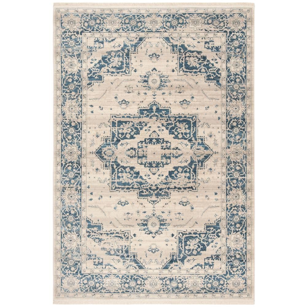 Ivory and Blue Hand-Knotted Synthetic 4' x 6' Area Rug