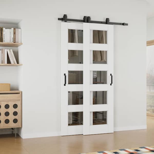 40 in. x 80 in. (Double 24 in.) 5-Lite Clear Glass White Primed MDF Sliding Barn Door with Hardware Kit Bypass