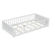 White wooden twin bed frame viewed from the front.