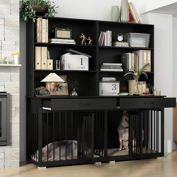 FUFU&GAGA Large Dog Crate Storage Cabinet, Indoor Wooden Heavy Duty Dog Cage Kennel with Wood 6-Shelf Bookcase Bookshelf, Black