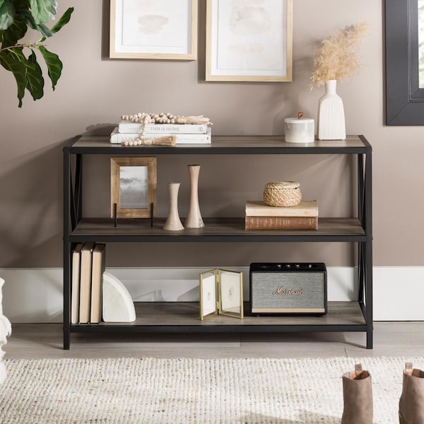Walker Edison Furniture Company 26 in. Gray Wash/Black Metal 3-shelf Etagere Bookcase with Open Back