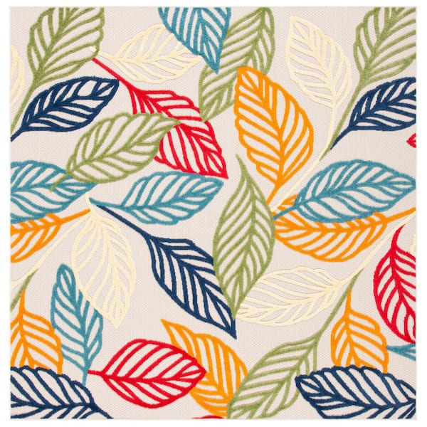 Cabana Ivory/Green 3 ft. x 3 ft. Leaf Square Indoor/Outdoor Area Rug