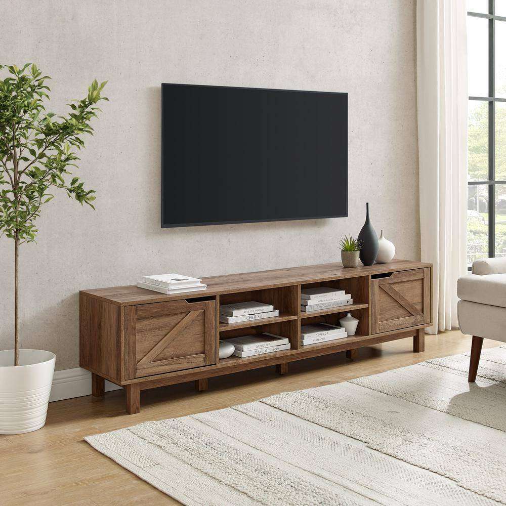 Welwick Designs 70 in. Rustic Oak Wood Modern Farmhouse TV Stand with 2 Barndoors Fits TVs up to 80 in. HD9729 The Home Depot