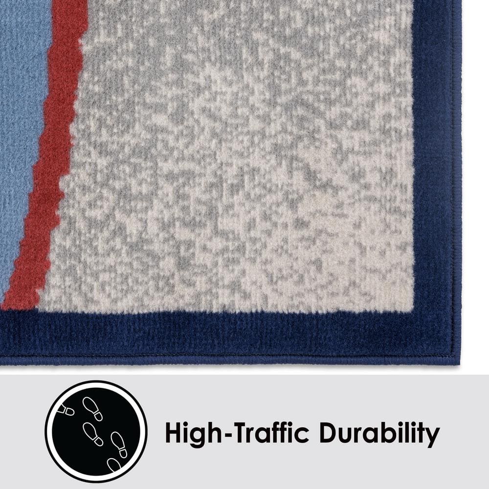 Navy and Red Synthetic Stain-Resistant Area Rug, 5'3"x7'5"