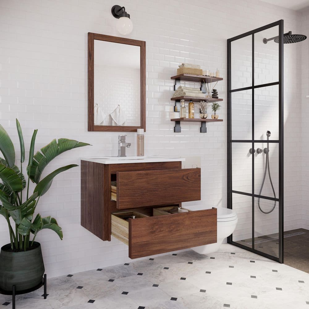 Formosa Warm Walnut Wall Mount Single Sink Vanity with Quartz Top