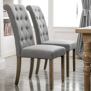 Aristocratic Style Gray Wood Side Chair, Dining Chair Set of 2, Linen Upholstered Chair with Rubber Wood Legs