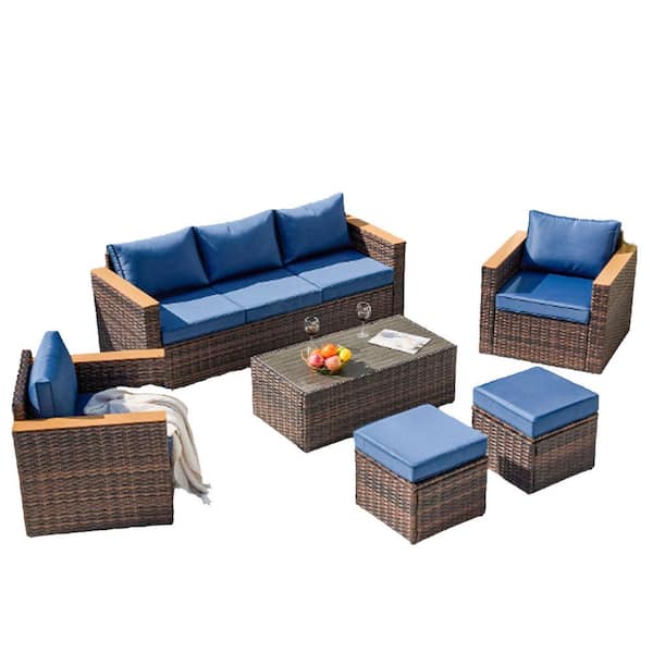 Sudzendf 6-Pieces Outdoor Wicker Sofa Set, Patio Furniture sofa set, with Blue Cushions