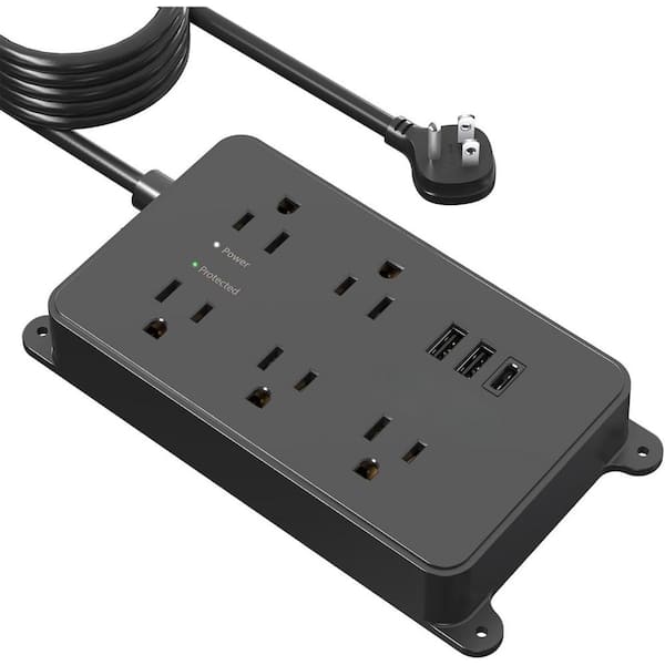 EKIEUDL 5-Outlet Power Strip Surge Protector with 3 USB Ports Wall Mountable and 15 ft. Extension Cord in Black